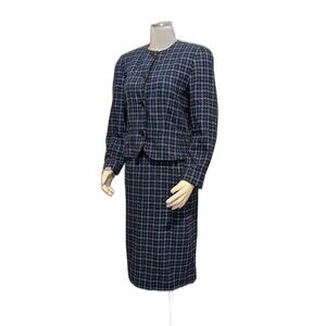 Vintage Pendleton Blue Houndstooth Suit Womens 8 M Wool Skirt Jacket Set Lined